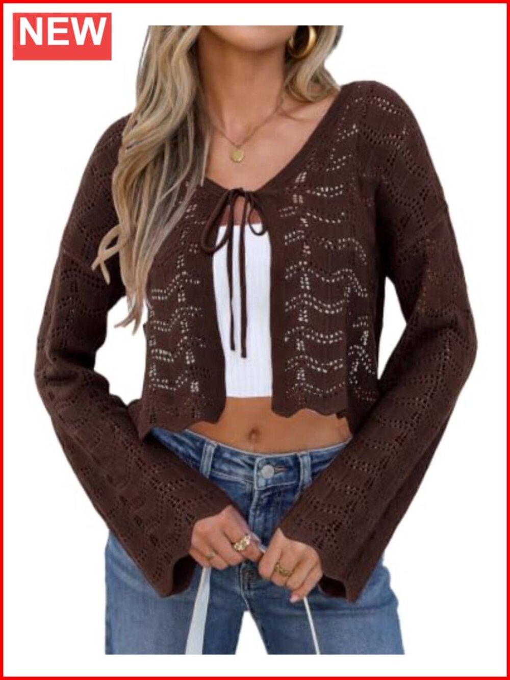 Crochet Knit Cropped Cardigan Tie Front Bell Sleeve Shrug